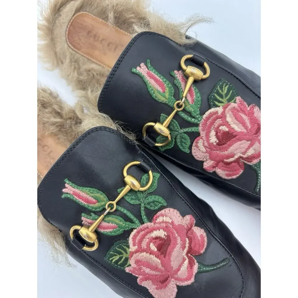Gucci Princetown Loafer Black Leather Rose Embroidered Horsebit Size 38 / 8 Fur - Picture 11 of 16